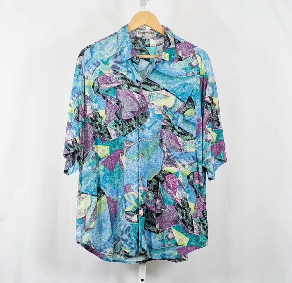 Vintage 90s Shirt Unionbay Teal Purple Abstract Print Rayon Men's Size L